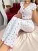 Pijama de manga corta con cuello en V y estampado de amor para mujer, ropa de hogar de gran venta transfronteriza europea y americana, pantalones exteriores, traje de dos piezas