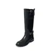Botas de Montar de Cuero de Vaca Completo con Hebilla Ajustable 2026, Tacón Medio Grueso, Punta Redonda, Circunferencia de Pantorrilla Amplia, Botas Largas de Tubo Alto de Cuero Genuino para Mujer