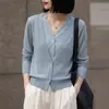 Cárdigan de punto con escote en V y empalme de encaje para mujer, abrigo suéter, nuevo diseño de botón otoño e invierno, sentido de diseño, elegante abrigo exterior gris