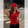 Camiseta roja estilo coreano con cuello polo de manga corta para mujer, suéter fino de verano ajustado de cintura alta con cuello en V corto para mujeres petite