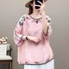 Camiseta Elegante de Algodão e Linho com Bordado Pesado, Gola Redonda, Retrô, Solta, Tamanho Grande, Pulôver