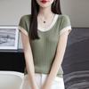 100% Lyocell Camiseta de manga curta feminina 2024 Novo verão seda gelo curto Slim-fit Top camisa de base de malha francesa