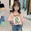 G2528 # Camiseta de Manga Longa de Algodão Puro para Meninas Top Estilo Novo 2025 Camiseta Infantil Falsa de Duas Peças Camada Base Primavera e Outono