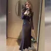 Vestido de Punto con Cuello Estilo Francés Color Café para Mujer, Nueva Colección Otoño, Elegante Vestido Largo Ceñido a la Cintura