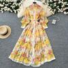 Vestido estilo vacaciones para mujer, elegante, con cuello mao, manga farol, abotonadura sencilla, hebilla en la cintura, chifón estampado, falda larga de vuelo amplio