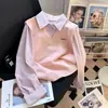 Colete de tricô cinza com camisa listrada de duas peças falsas para mulheres, conjunto estilo coreano, top cardigã polo para outono
