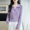 Suéter de tricô feminino com gola polo, caimento justo, pulôver versátil de manga longa em tricô fino, top cinza elegante