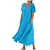 Vestido Feminino Transfronteiriço Europeu e Americano Amazon Cor Sólida Gola Redonda Manga Curta Bainha Longa Solta