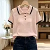 Verano Nuevo Estilo Bloque de Color Cuello Polo Tejido de Seda de Hielo Manga Corta Moda Femenina Hueco Estilo Suave Rejuvenecedor Camiseta Top