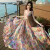 Vestido de Tirantes de Gasa Estampada, Suave y Hermoso, Inspirado en la Dopamina, para Mujer en el Complejo Turístico Costero de Sanya, Vestido Largo de Verano con Dobladillo Ancho