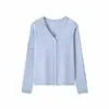 Cárdigan Fino de Punto para Primavera y Otoño para Mujer, Puños de Encaje Hueco, Púrpura Taro, Temperamento Suave, Top de Cuello V de un Solo Botón