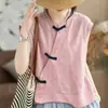 Nova Camisa de Algodão Dupla Face Bebê com Botão de Sapo Estilo Literário Retrô para Mulheres Novo Estilo Chinês Estilo Nacional Personalidade Versátil Solto Tendência