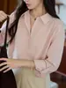 Camisa de lino Tencel color rosa Morirose para mujer, estilo otoño, con cuello camisero, frente abotonado y mangas caídas, un top versátil y elegante adecuado para el trabajo