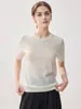 Novo top de tricô de verão 100% lã com gola redonda e mangas curtas para mulheres, cor sólida, slim fit, fino
