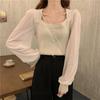 Suéter de Cuello Cuadrado y Manga Larga 2023 Otoño e Invierno Diseño de Estilo Francés Estilo Suave Nuevo Top de Manga Corta Abullonada para Mujer