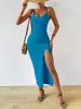 Vestido de Playa Estilo Europeo y Americano Transfronterizo para Mujer, Nuevo Estilo de Verano, Vestido de Tirantes de Punto Sexy Ceñido a la Cadera de Longitud Media con Abertura