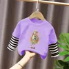 Camiseta de Manga Larga Estilo Nuevo Primavera y Otoño para Niños Medianos y Grandes Manga Rayada Holgada Capa Base Tendencia Niñas Estilo Coreano Patchwork Algodón Puro Top