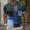 Camisa Polo Europeia e Americana Masculina Transfronteiriça Tendência com Estampa Digital 3D, Bloqueio de Cor Xadrez, Manga Curta, Colarinho Cuban