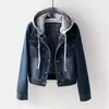 2024 Súper popular japonés y coreano Chaqueta corta de mezclilla para mujer corta de primavera y otoño nueva manga larga ajustada con capucha top para estudiante