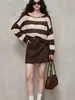 Suéter de punto muy elegante para mujer, color café con rayas, cuello redondo, manga larga, perfecto para otoño, único y hermoso, prenda exterior holgada para figuras petite.