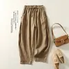 Pantalones cropped de algodón y lino, corte holgado, nuevo estilo primavera/verano, tela fina, tiro alto, diseño retro con botones decorativos y cordones, cintura elástica, pantalones tipo harén casuales para mujer