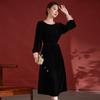 Estilo Elegante Otoño e Invierno Tejido Base 100% Seda de Morera Vestido de Terciopelo con Jacquard Mangas Largas y Falda Línea A 7970