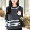 Suéter de tricô listrado de algodão puro para exportação transfronteiriça para mulheres, gola redonda, design color-block, estilo casual, adequado para o trabalho e uso diário, peça básica de manga comprida