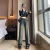 Jeans Cinza Cimento Vintage de Perna Reta Feminino Primavera e Outono Cintura Alta Emagrecedor Design Solto Senso de Estilo Calças de Perna Larga que Arrastam no Chão Ferrugem