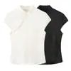 Comercio exterior transfronterizo al por mayor de ropa de mujer de estilo europeo y americano, blusa de satén de seda de moda y elegante estilo chino con decoración de botones laterales