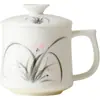 Xícara de Cerâmica com Tampa Estilo Dinastia Tang e Song, Caneca de Escritório, Xícara de Chá, Design de Orquídea Pintado à Mão, Xícara de Chá Pessoal de Cerâmica de Alta Qualidade