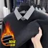 Suéter Popular de Comércio Exterior Falso Duas Peças para Homens, Blusa Espessa com Gola de Camisa Forrada de Lã, Suéter Básico de Tricô para Homens, Estilo Pai