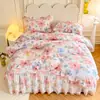 Estilo Princesa Coreana Borde de Encaje Algodón Puro Faldón de Cama Juego de Tres Piezas ins Nude Dormir Color Sólido Colcha de Algodón Antideslizante Sábana de Cama Clase A