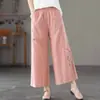 Calça reta de perna larga de algodão e linho bordada estilo étnico retrô para mulheres, cor sólida, cintura elástica, estilo solto, fina, para 100kg, para primavera e verão