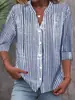 Roupas femininas transfronteiriças, camisa listrada azul e branca vintage estilo europeu e americano, camisa feminina casual de verão com gola alta, decote V, de abotoamento simples e manga de três quartos