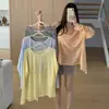 7182# Cubierta Protectora Solar Suelta para Mujer Rayas Manga Larga Capa Base Estilo Perezoso Ropa de Abrigo Casual Adelgazante Top de Chica Popular
