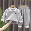 Roupas Infantis Roupa Masculina e Feminina Roupas de Outono Roupa Infantil Manga Longa Gola Polo Calça Casual Conjunto de Duas Peças