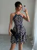 Vestido de cuello halter con estampado de espiga y flecha en color café y blanco roto, transfronterizo europeo y americano 2026, para fiestas y vacaciones