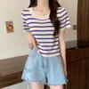 Camiseta de Manga Corta a Rayas Patchwork Versátil Estilo Puro Deseo Nuevo Estilo Verano 2026 para Mujeres Petites Ajuste Delgado Top Corto