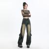 Jeans de Pierna Ancha con Diseño de Costuras Estilo Joven Naranja# Moda Fresca Chica Picante Overol Lavado Antiguo Holgado Adelgazante para Mujer
