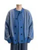Cárdigan de punto a rayas azules para hombre, estilo holgado y relajado, de doble botonadura, cuello redondo, chaqueta suéter, casual japonés moderno
