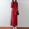 Vestido de Tricô Gola Alta Meia-Boca 100% Lã Nova Outono/Inverno 2026 Manga Longa Feminino Cor Sólida Torcido Cintura Alta Longo