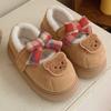 Sapatos Femininos de Inverno Mary Jane Redondos com Laço e Urso Retrô, Fecho de Velcro e Forro de Lã, Sapatos de Algodão Retrô Tendência
