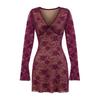 25 Vestido Retro Americano Sexy de Otoño para Mujer con Escote en V Profundo de Encaje Línea A Falda Sexy de Malla Jacquard para Cadera