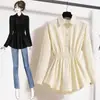Camisa femenina de estilo suave que ciñe la cintura, holgada y estilizada, adecuada para usar en capas, top de manga larga