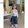 Ropa para Niños Ningli 25 Otoño Nuevo Estilo Versión Coreana para Niñas Dibujos Animados Graffiti Falso Dos Piezas Camiseta Jeans Rectos de Cuadros