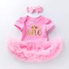 2026 Nuevo Estilo Mameluco Vestido de Cumpleaños para Bebé Niña de Un Año de Manga Corta + Accesorio para el Cabello Parche de Dibujos Animados Bordado Conjunto de Vestido de Una Pieza