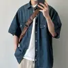 Camisa Jeans de Manga Curta Cor Sólida com Bolsos Duplos Estilo Retrô Japonês de Verão Unissex Solta Azul Manga Meia-Manga Top Tendência