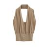 Elegante Regata Branca Sem Costas com Decote V e Gola Halter para Mulheres no Verão, Cintura Fina, Sem Mangas, Roupa Externa, Estilo Puro Desejo, Top Curto