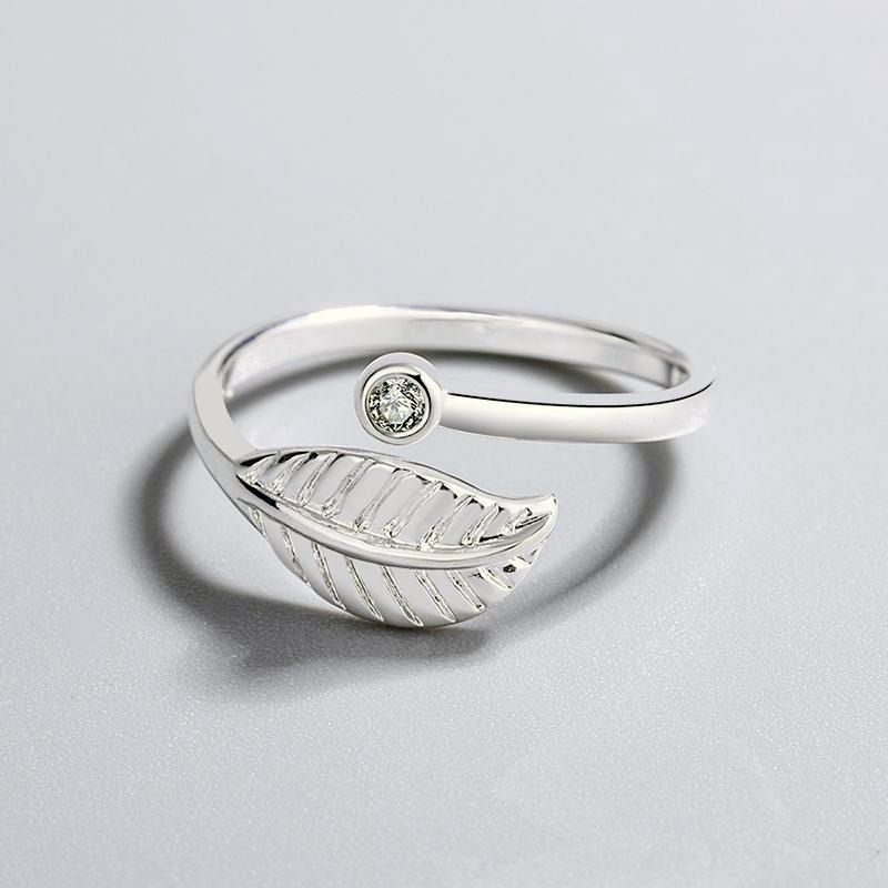 森系叶子戒指女韩版INS甜美可爱简约镶锆石树叶开口指环跨境货