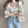 Camisa de gasa con mangas abullonadas y plisadas, estilo francés elegante de Corea del Sur, suave, adelgazante, con escote cuadrado y diseño de cuello cuadrado para mujer